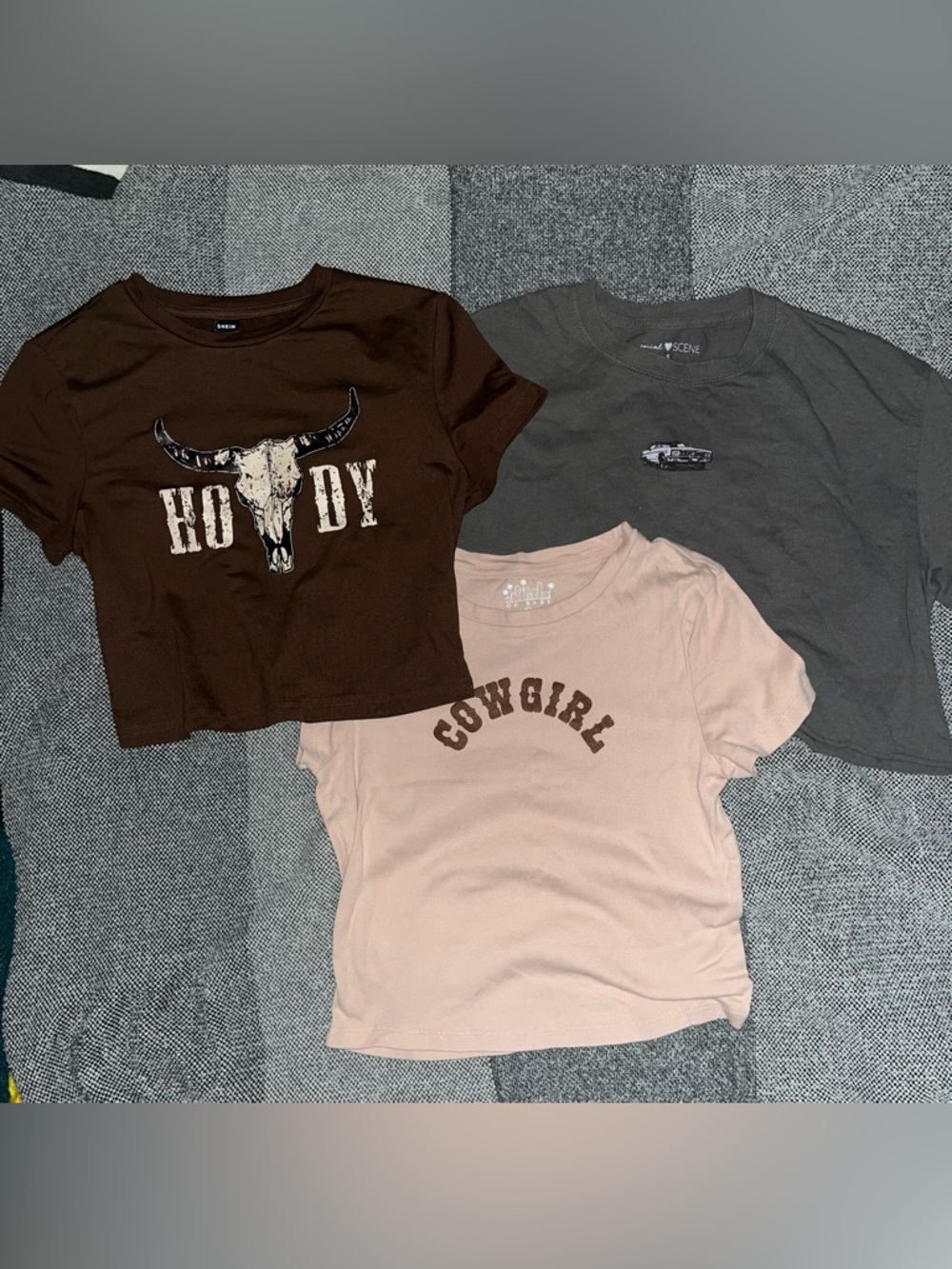 Bundle of 3: Howdy, Pink Cowgirl Graphic, & California car crop top tees